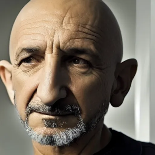 Prompt: ben kingsley mixed with braco the gazer with long straight grey hair and white shirt