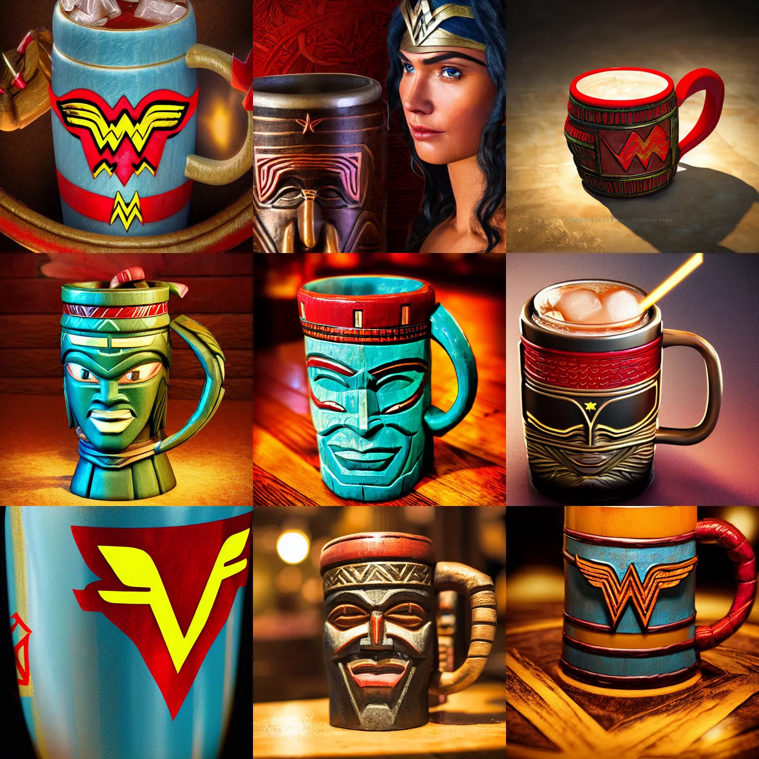 Prompt: a closeup photorealistic photograph of wonder woman tiki style mug at trader vic's bar. brightly lit scene. this 4 k hd image is trending on artstation, featured on behance, well - rendered, extra crisp, features intricate detail, epic composition and the style of unreal engine.