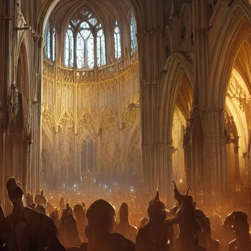 Image similar to a small group of people dancing ecstatic in a cathedral, D&D, fantasy, intricate, cinematic lighting, highly detailed, digital painting, artstation, concept art, smooth, sharp focus, illustration, art by Greg Rutkowski