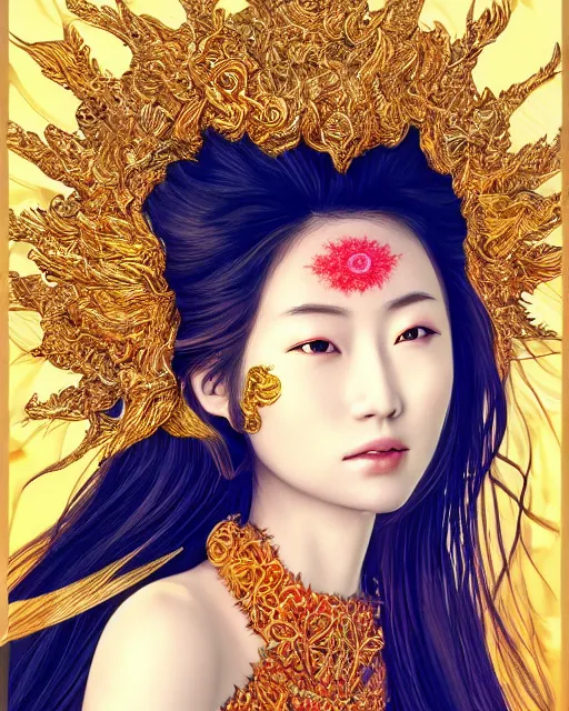 Image similar to hyper realistic portrait photo of beautiful ameterasu the sun goddess of japan, japanese model, portrait shot, intricate detail, glittering sun rays