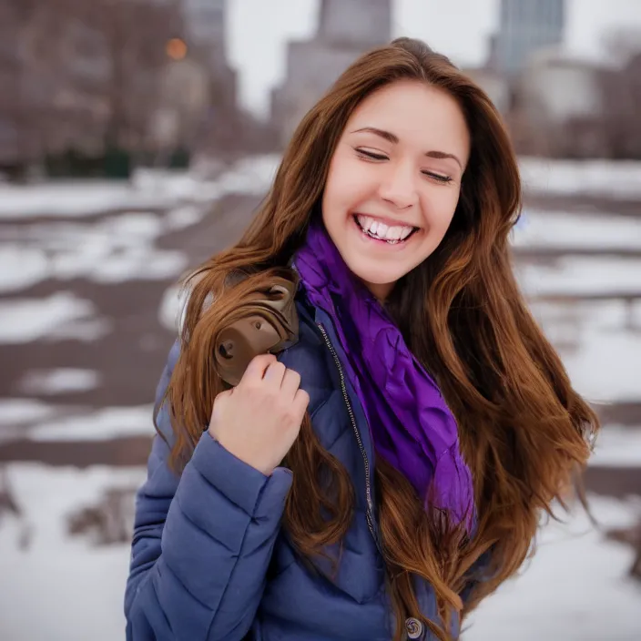 Prompt: a beautiful girl from minnesota, brunette, joyfully smiling at the camera with her eyes closed. thinner face. wearing university of minneapolis coat. perfect nose, morning hour, plane light, portrait, minneapolis as background.