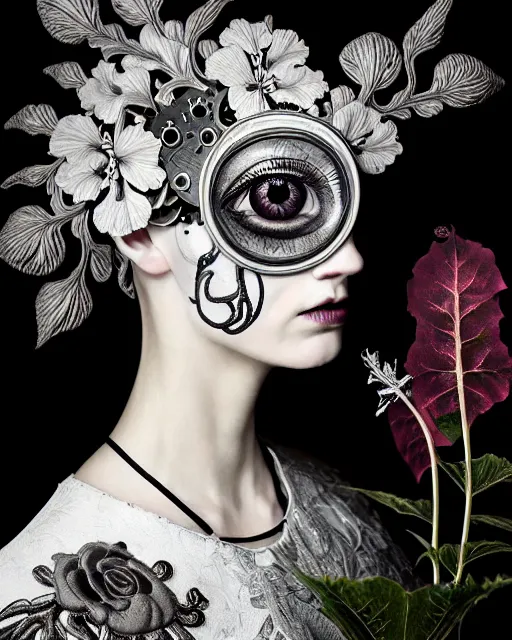 Image similar to masterpiece monochrome profile portrait painting, dutch masters, silver lace floral steampunk biomechanical beautiful one techno eye young female cyborg, big monocular, volumetric light, leaves foliage and stems, hibiscus flowers, by cecile beaton, rim light, big gothic fashion pearl embroidered collar, 8 k