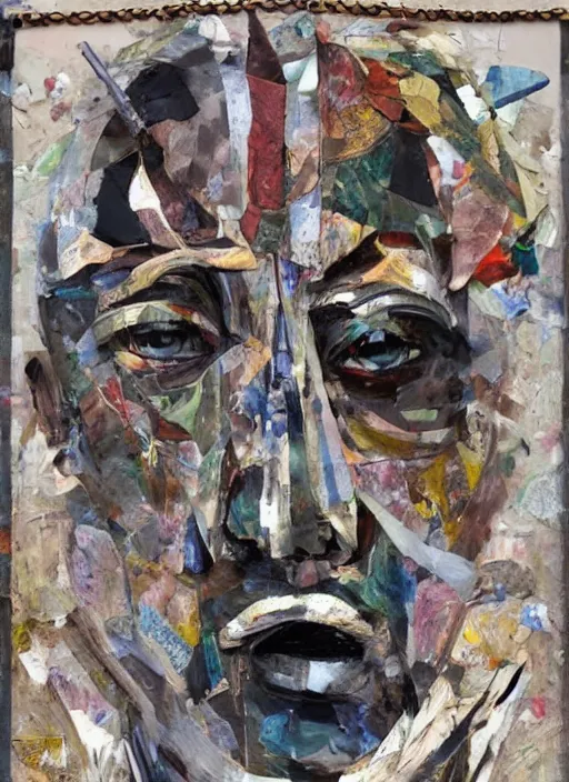 Prompt: a man with a moth mask, cardboard and scotch tape, chain, collage, acrylic on canvas, expressionism movement, breathtaking detailed, by blake neubert