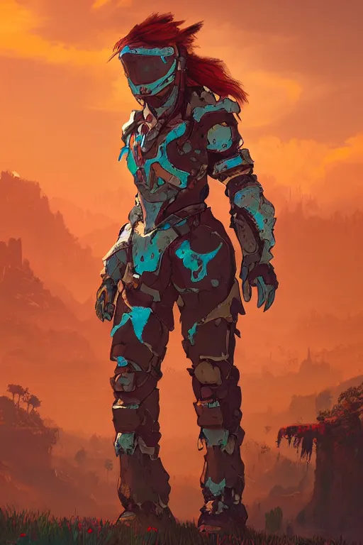 Image similar to combination suit armor aloy horizon forbidden west horizon zero dawn radiating a glowing aura global illumination ray tracing hdr fanart arstation by ian pesty and alena aenami artworks in 4 k tribal robot ninja mask helmet backpack