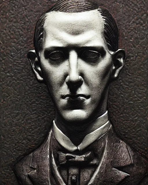 Prompt: portrait of a 1 9 2 0 s h p lovecraft as. a bar relief sculpture on a base, scholarly appearance, detailed face, 2 0 th century, highly detailed, cinematic lighting, digital art painting by greg rutkowski