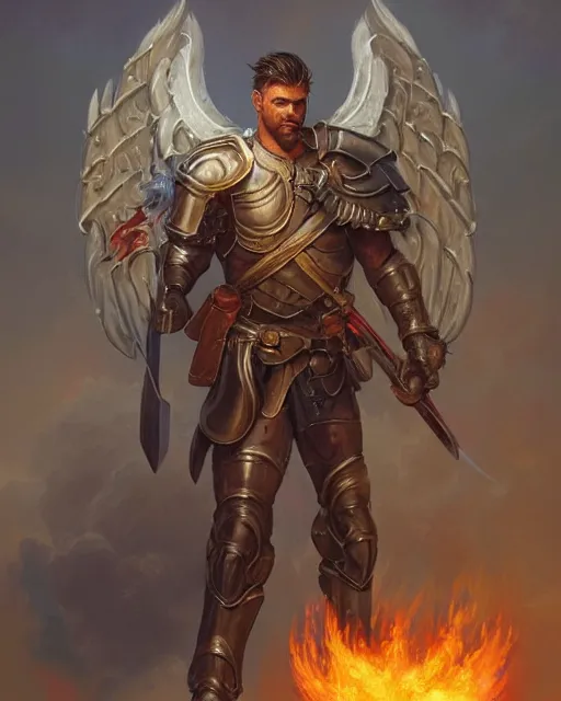 Prompt: character portrait of a brawny male warrior angel of justice, wearing shining armor, wielding a flaming sword and holding a shield, by peter mohrbacher, mark brooks, jim burns, wadim kashin, greg rutkowski, larry elmore, trending on artstation