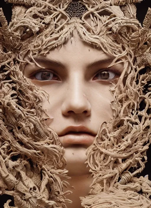 Prompt: sculpture made of wood, portrait, female, future, shaman, harper's bazaar, vogue, magazine, insanely detailed and intricate, concept art, close up, ornate, luxury, elite, elegant, trending on artstation, by ruan jia, by Kenneth Willardt, by ross tran, by WLOP, by Andrei Riabovitchev,