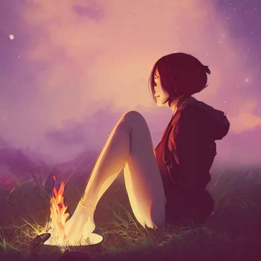 Prompt: woman sitting next to a campfire, cozy, night sky, digital art, highly detailed face, by conrad roset, by wlop, anime style, octane render