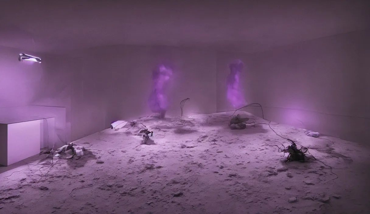 Image similar to artwork by pierre huyghe with wax, porcelain, cables and monitors, purple smoke, ultra realistic, depth, beautiful lighting, glitch, sigma, 8 k, 3 5 mm, f / 3 2