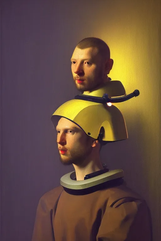 Image similar to portrait of a man with a biomechanic armor and neon light by Vermeer, dramatic lighting, highly detailed, trending on artstation