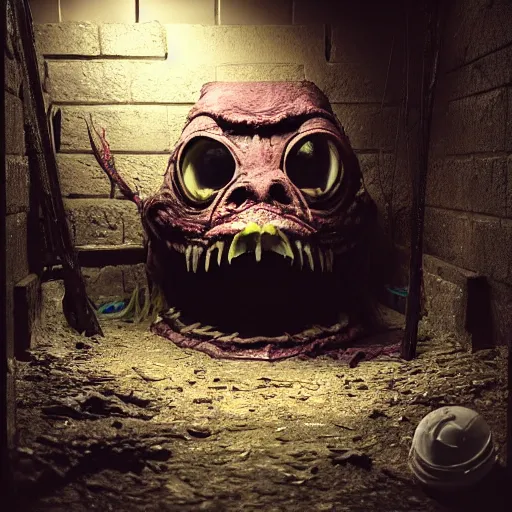 Image similar to creepy monster lurking in a dingy basement, highly detailed, epic lighting, hyper photorealism, low angle, trending on artstation 8 k