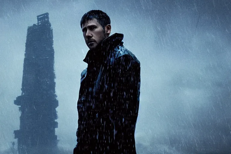 Prompt: a still from bladerunner 2 0 4 9 depicting a medium shot of akie kotabe wearing wet weather gear. he stares intently into the camera with a worried expression. behind him is a futuristic oil rig in the deep ocean. sci fi, futuristic, cinematic, low light, soft focus.