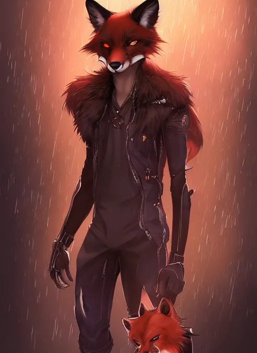 Image similar to award winning beautiful portrait commission of a male furry anthro melanated fox fursona with a tail and a cute beautiful attractive detailed furry face wearing stylish cyberpunk clothes in a cyberpunk city at night while it rains. Character design by charlie bowater, ross tran, artgerm, and makoto shinkai, detailed, inked, western comic book art