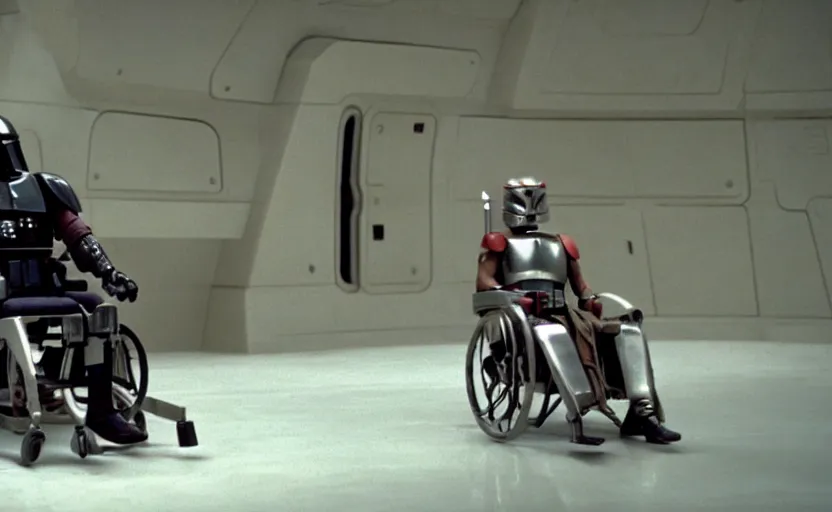 Prompt: cinematic still image screenshot luke skywalker in a cybernetic wheel chair, from the tv show mandalorian on disney + anamorphic lens, 3 5 mm film kodak from empire strikes back 1 9 8 3