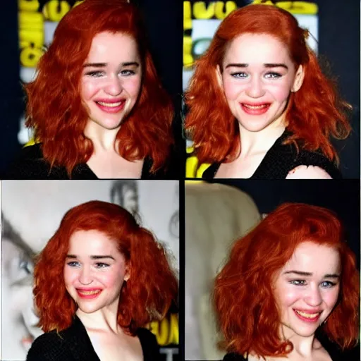 Image similar to Emilia Clarke as a young redhead, wild hairstyle, smiling