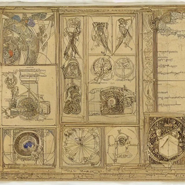 Image similar to detailed, intricate technical drawings on parchment from 1 8 4 0, accented with color, with labels and notes, for a beautiful, symmetric, art deco android hand, by ron cobb and alphonse mucha
