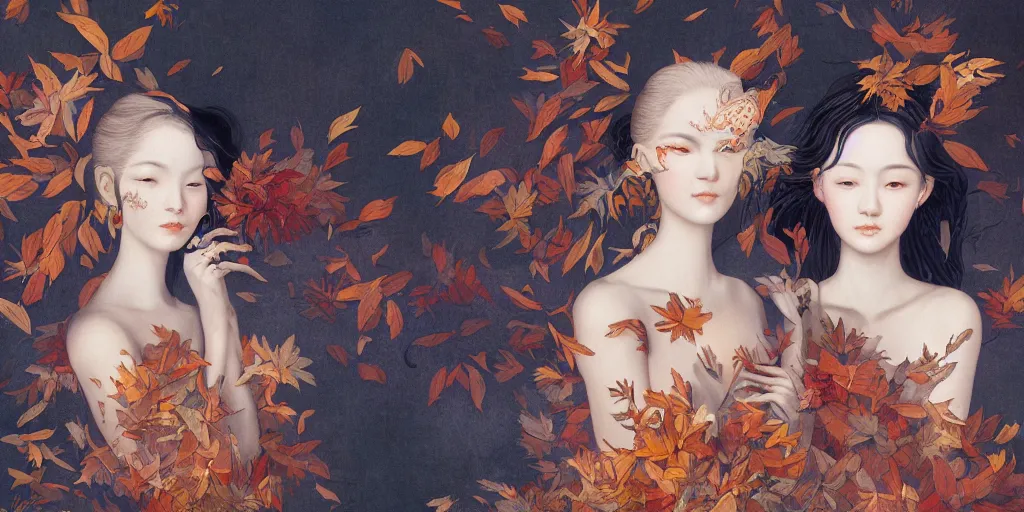 Prompt: breathtaking detailed concept art painting blend of two goddess of autumn leaves by hsiao - ron cheng with anxious piercing eyes, vintage illustration pattern with bizarre compositions blend of flowers and fruits and birds by beto val and john james audubon, exquisite detail, extremely moody lighting, 8 k