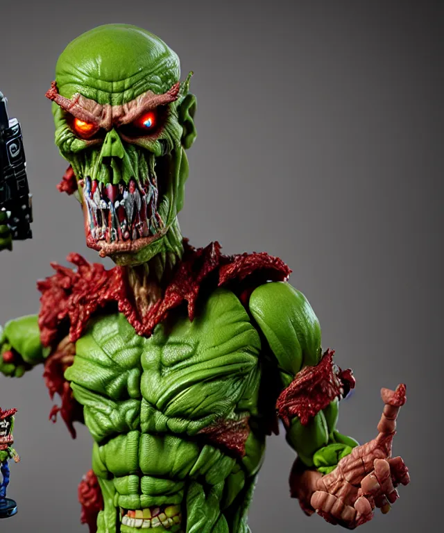 Image similar to hyperrealistic rendering, president zombie is motu action figure, product photography