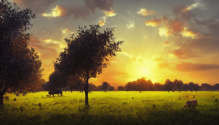 Prompt: cow pasture with fruit trees in sunset, back light, highly detailed, cinematic lighting, volumetric, photorealistic, digital art painting