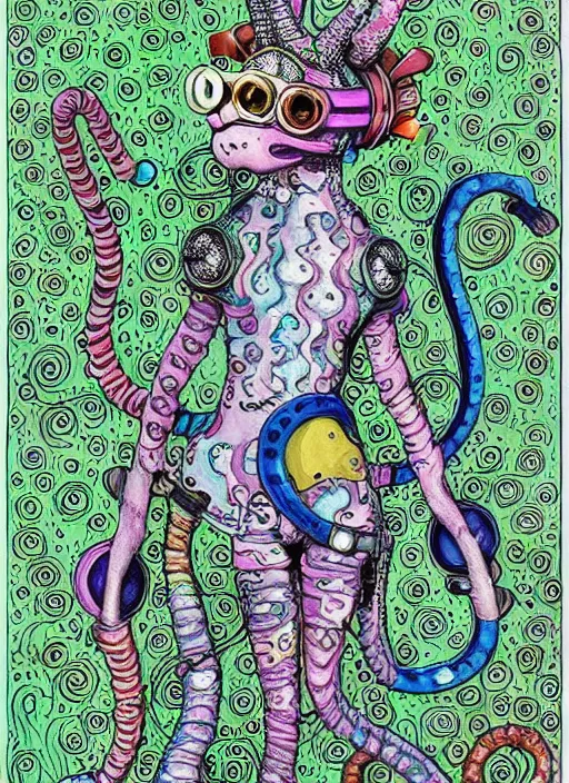 Prompt: cat seahorse fursona wearing an eccentric outfit with headphones and goggles, autistic bisexual graphic designer, beautiful long haired androgynous coherent detailed character design, weirdcore voidpunk digital art by louis wain and william joyce, furaffinity, cgsociety, trending on deviantart