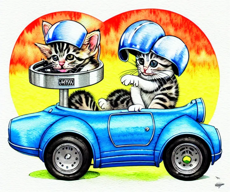 Prompt: cute and funny, kitten wearing a helmet riding in a tiny hot rod with an oversized engine, ratfink style by ed roth, centered award winning watercolor pen illustration, isometric illustration by chihiro iwasaki, edited by range murata, tiny details by artgerm and watercolor girl, symmetrically isometrically centered, sharply focused