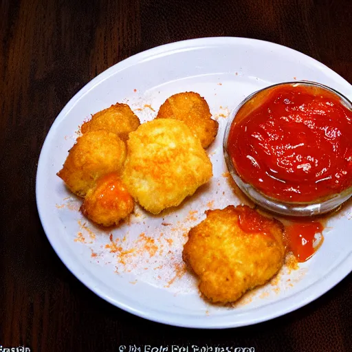 Image similar to food photo of channing tatum's face as tater tot on a plate with ketchup