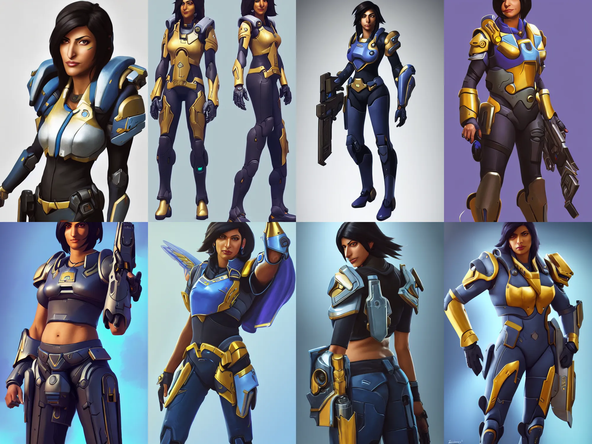 Prompt: photorealistic full body of Pharah from overwatch, VI concept art with detailed face by Zeronis, sharp focus, studio lighting, white ambient background, highly detailed, masterpiece,