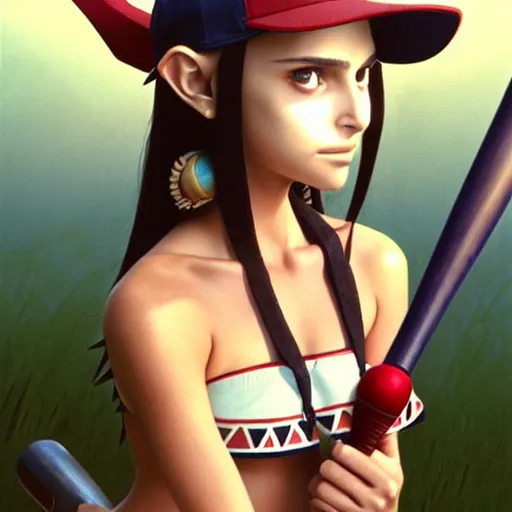 Image similar to beautiful boyish natalie portman alluring gravure model in majora's mask, wearing wooden mask and baseball cap and leotard, street wear with subtle mayan patterns, aztec bathing suit, gapmoe yandere grimdark, trending on pixiv fanbox, painted by greg rutkowski makoto shinkai takashi takeuchi studio ghibli, akihiko yoshida