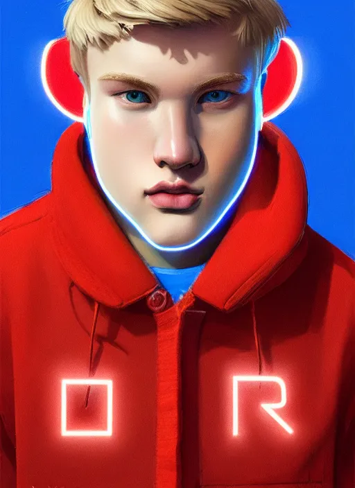 Image similar to portrait of high school senior boy named big moose, blonde short hair, jock, beefy, wide face, square jaw, square facial structure, blue varsity jacket with letter r, intricate, elegant, glowing lights, highly detailed, digital painting, artstation, concept art, sharp focus, illustration, art by wlop, mars ravelo and greg rutkowski