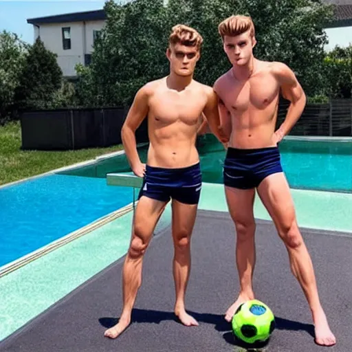 Image similar to a realistic detailed photo of a guy who is an attractive humanoid who is half robot and half humanoid, who is a male android, soccer players martin ødegaard & timo werner, shiny skin, posing like a statue, blank stare, by the pool, on display, showing off his muscles, many copies of them