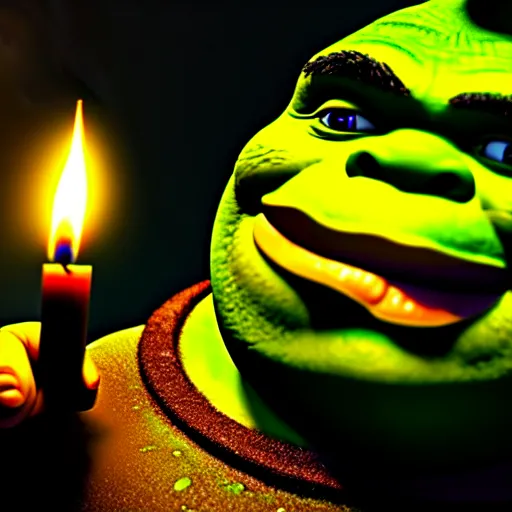 Image similar to shrek holding a candle ultra realistic, lens flare, atmosphere, glow, detailed, intricate, full of colour, cinematic lighting, trending on artstation, 4 k, hyperrealistic, focused, extreme details, unreal engine 5, cinematic, masterpiece, ultra realistic, hyper realistic, highly detailed, sharp focus, digital art