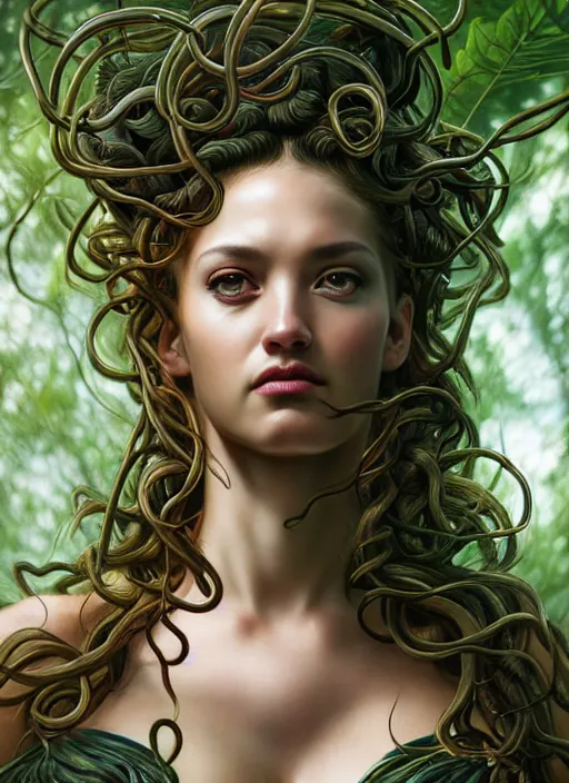 Image similar to photo of a medusa in the style of stefan kostic, realistic, half body shot, sharp focus, 8 k high definition, insanely detailed, intricate, elegant, art by stanley lau and artgerm, extreme bokeh foliage