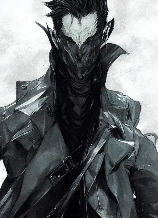 Prompt: Half body portrait of a menacing demon hunter in long trench coat with black fog oozing. In style of Yoji Shinkawa and Hyung-tae Kim, trending on ArtStation, dark fantasy, great composition, concept art, highly detailed, dynamic pose.