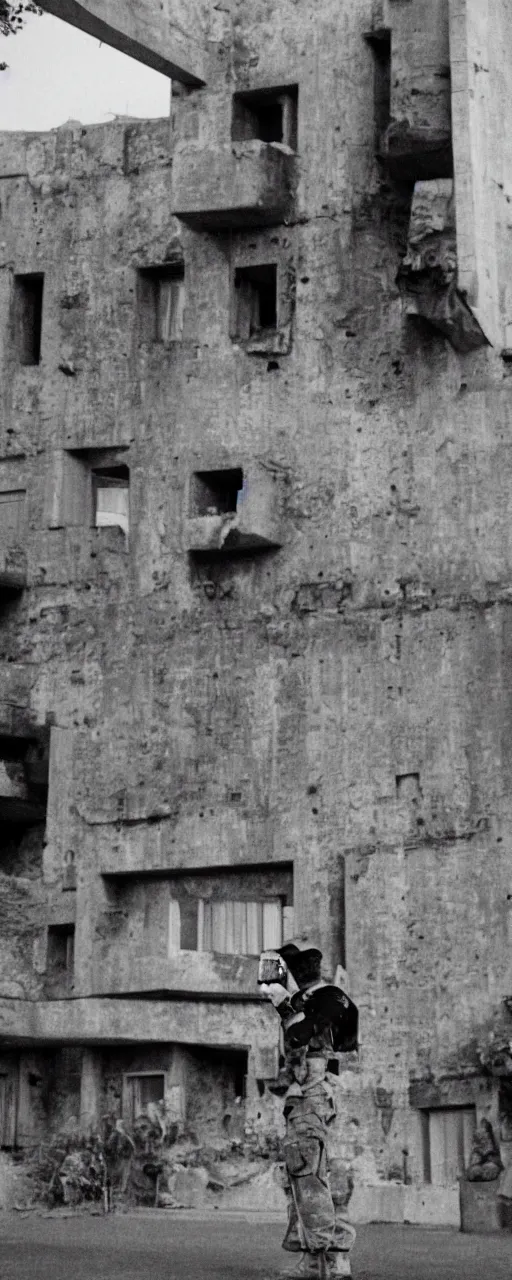 Prompt: a confused military man finding a MiniDV camcorder which shows a breakaway civilization in modern german brutalist style. a fortress and a secret bunker.