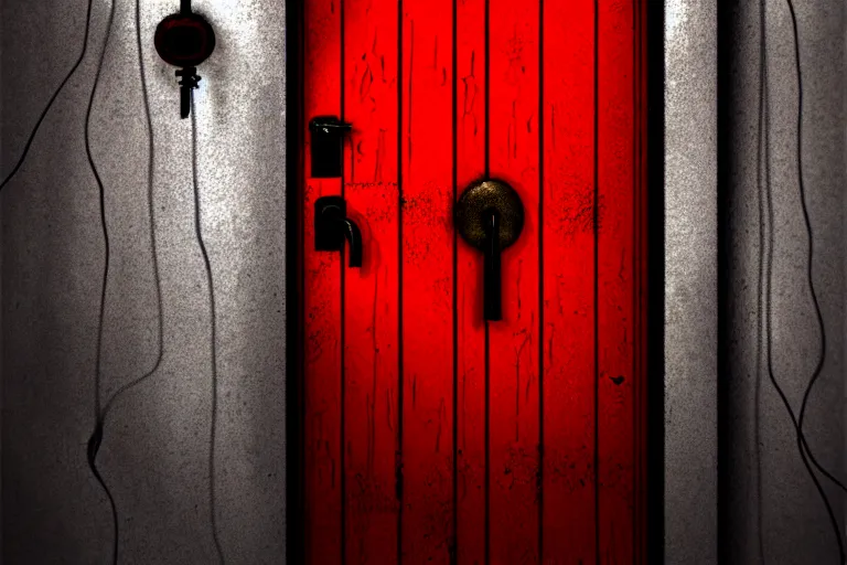 Prompt: boarded up padlocked red door, in a basement, chains across door, forbidden creepy mood, game art matte painting hyperdetailed, artstation, cgsociety, 8 k, surreal dream landscape
