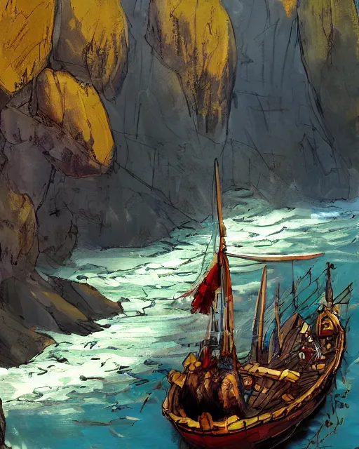 Prompt: A large viking ship in a norwegian fjord, By studio Ghibli, Artstation, Pixiv