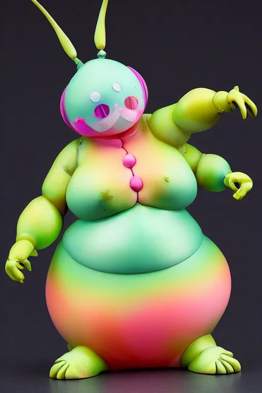 Prompt: a fat bubbly super detailed anime figurine with fluo color detail, and muted arm colors, that looks like a insect, decorated by plastic synthetic ionized metal flower sculptures