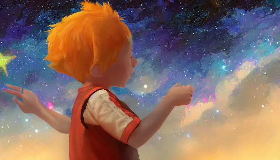 Image similar to Digital painting of a child pointing to the colorful stars in the sky, hyperdetailed, artstation, cgsociety, 8k