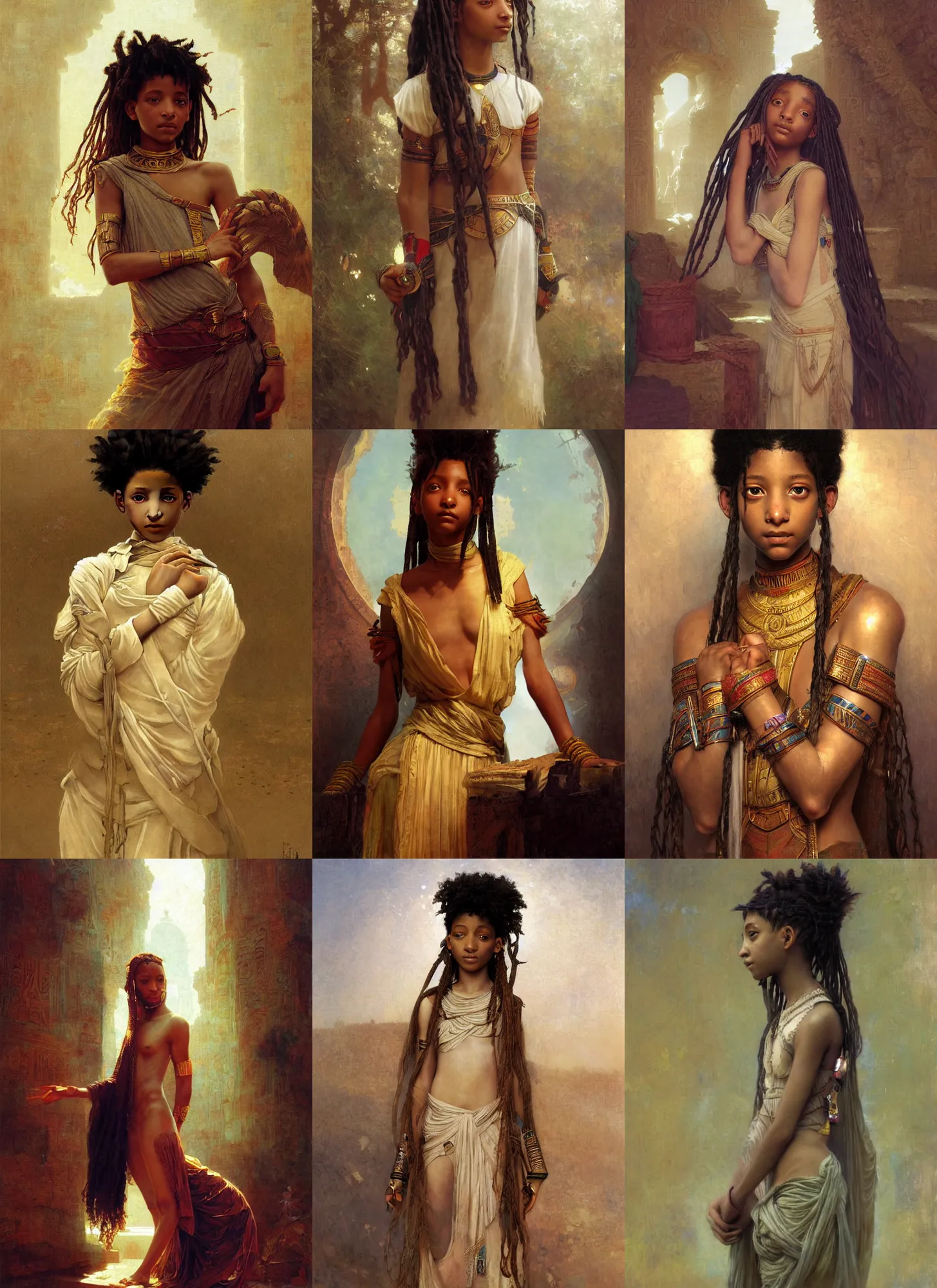 Prompt: willow smith ancient egyptian young girl, intricate, highly detailed, artstation, digital illustration, orientalism, bouguereau, mucha, ruan jia