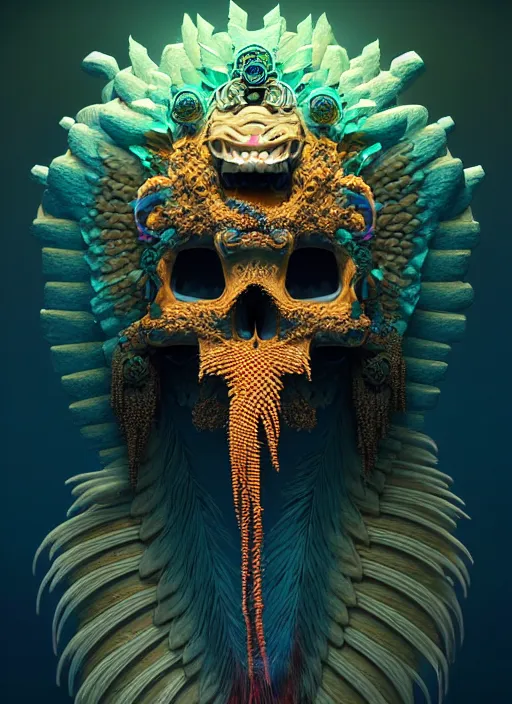 Image similar to 3 d goddess profile portrait, sigma 5 0 0 mm f / 5. beautiful intricate highly detailed quetzalcoatl skull and feathers. bioluminescent, plasma, lava, ice, water, wind, creature, thunderstorm! artwork by tooth wu and wlop and beeple and greg rutkowski, 8 k trending on artstation,