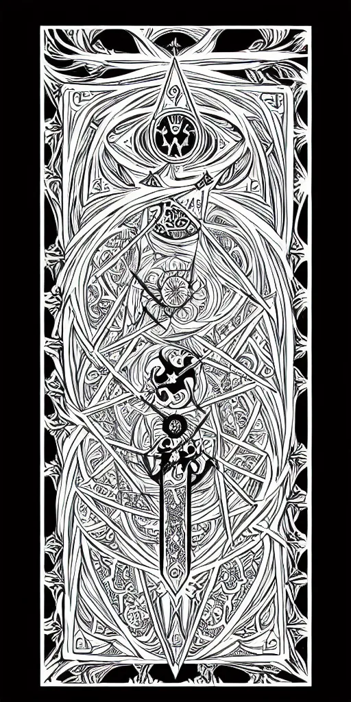 Image similar to a beautiful black and white fractal tarot card featuring bold occult imagery with clean lines. 👹. detailed adult coloring book