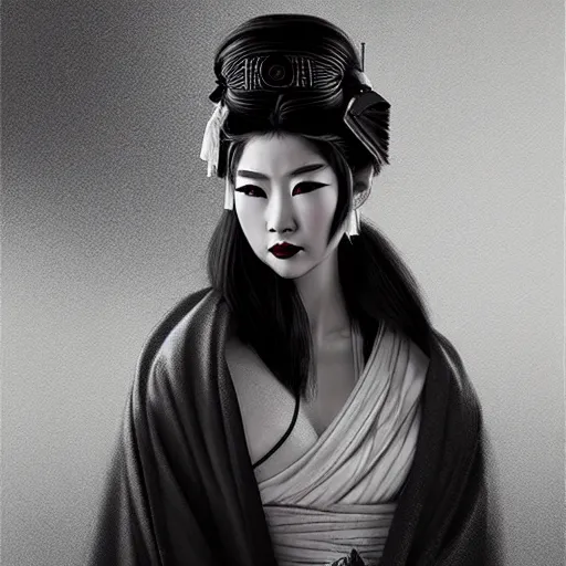 Prompt: gorgeous geisha samurai noir, hyperrealistic, soft focus, sharp, highly detailed