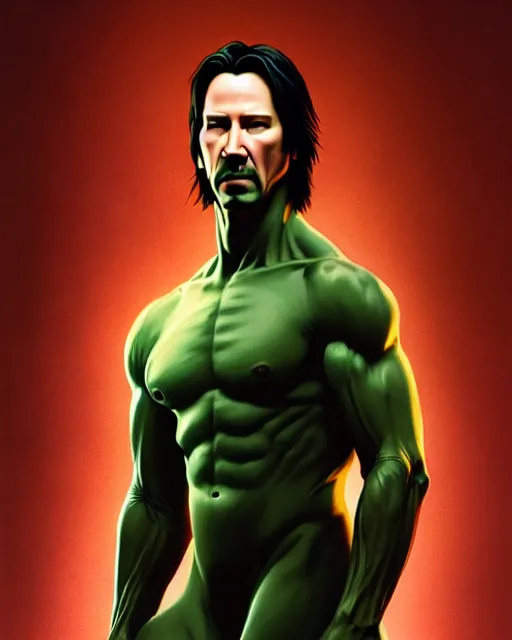 Image similar to highly detailed vfx, a portrait of keanu reeves, insanely muscular upper body tearing his clothes like the incredible hulk, wearing the matrix trench coat costume, by stephen bliss, unreal engine, greg rutkowski, loish, rhads, beeple, makoto shinkai and lois van baarle, ilya kuvshinov, rossdraws, tom bagshaw, basil gogos