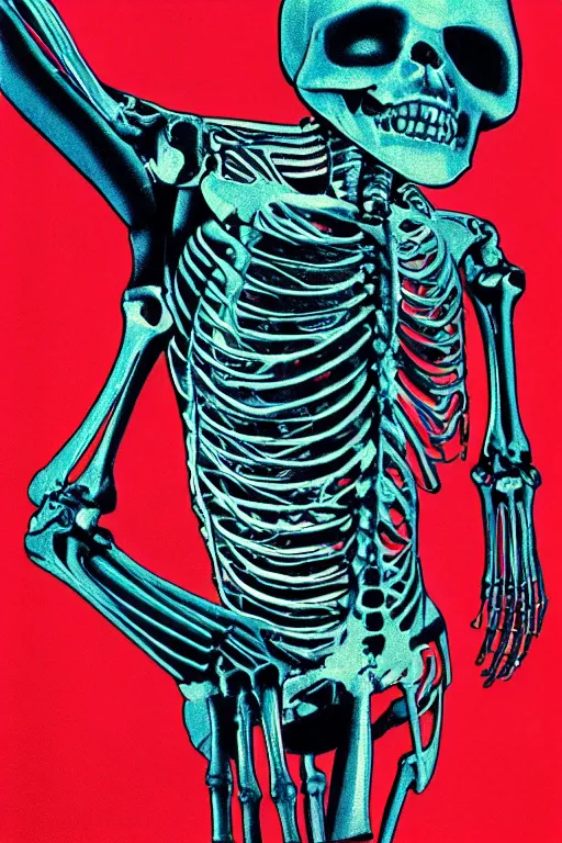 Image similar to 1970 book cover, cyborg skeleton, anaglyph,