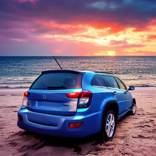 Image similar to a car chilling on the beach, sunset