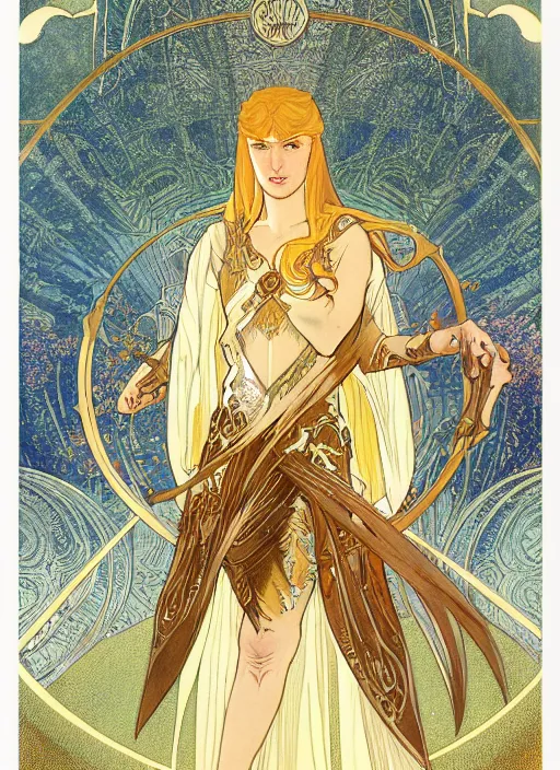 Prompt: galadriel in the slumps brown skin golden hair brown leather armor high fantasy dnd smooth sharp focus illustration by rossdraws, alphonse mucha frank fanzzeta