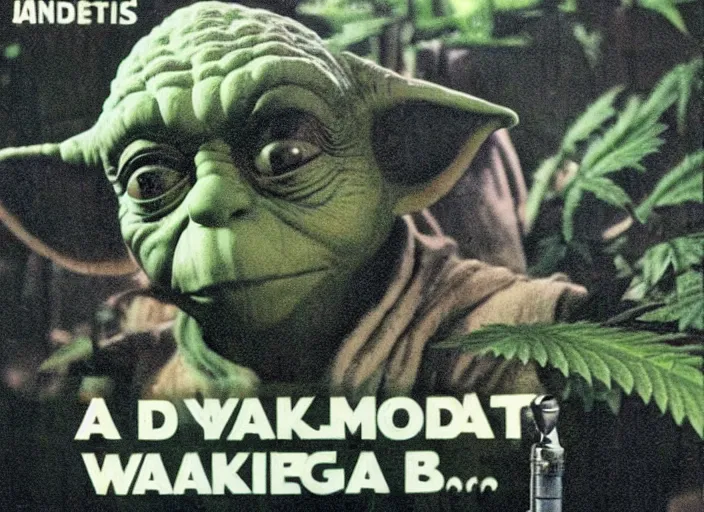 Prompt: vintage travel advertisement for the planet dagobah, of yoda smoking a huge marijuana cigarette, surrounded by cannabis plants