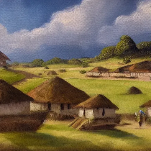 Image similar to the village of kifiti, oil painting, pale colors, high detail, 8 k, wide angle, trending on artstation,