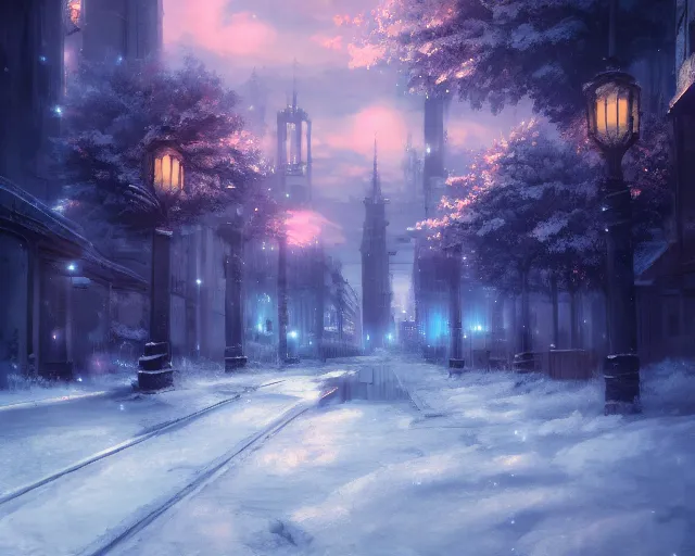 Prompt: scenery artwork, scene beautiful, light!! light essential calm and cozy winter world snow and night, surrealism oil on canvas, artstation!! pixiv!! dream scenery, quality wlop projection render, nier automata concept art, vaporwave textures