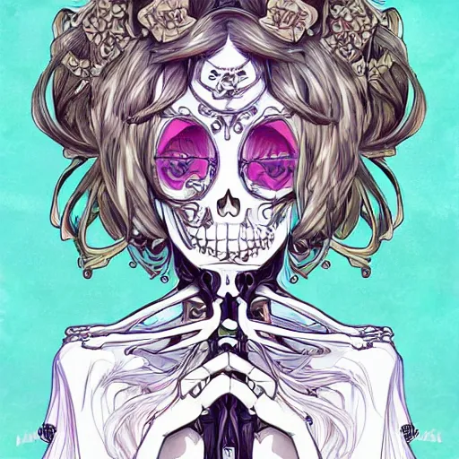 Image similar to anime manga skull portrait girl female skeleton helmet illustration 80s art Betz Etam and Sainer Etam and alphonse mucha pop art nouveau